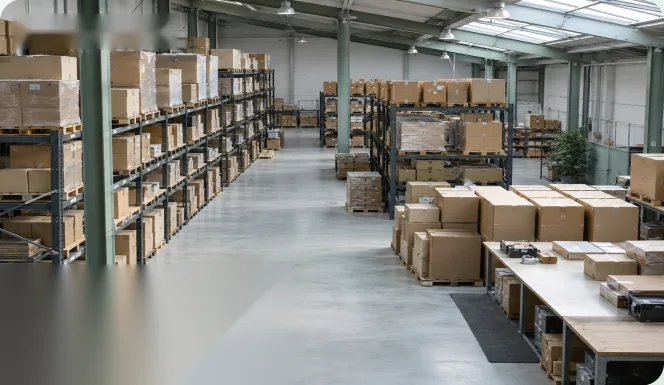Basis E Corp warehouse with shelving and parcels ready for dispatch