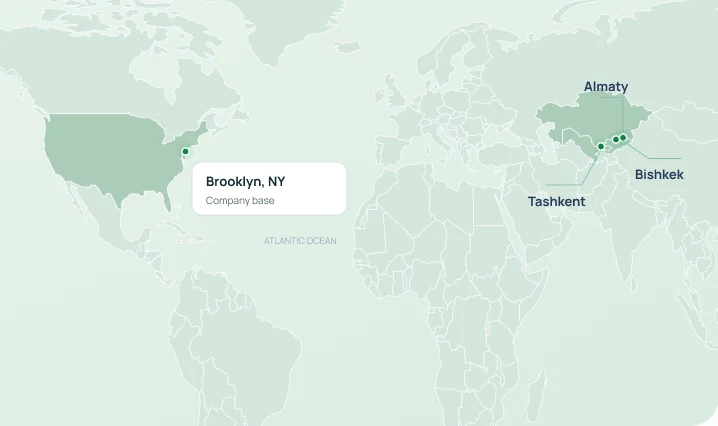 Map: Brooklyn, NY company base connected to Almaty, Tashkent and Bishkek