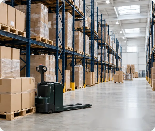 Warehouse aisle with pallet racking and an electric pallet jack
